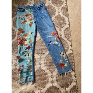 Zara, silk embroidered floral bird jeans.
